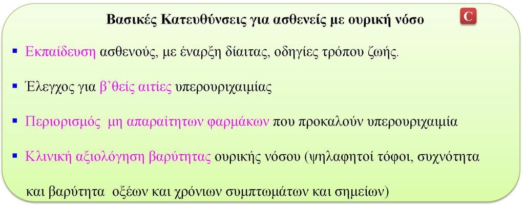 ουρικής νόσου (ψηλαφητοί τόφοι, συχνότητα και βαρύτητα οξέων και χρόνιων συμπτωμάτων και σημείων) # Βαθμός απόδειξης για τις κατευθύνσεις Επίπεδο