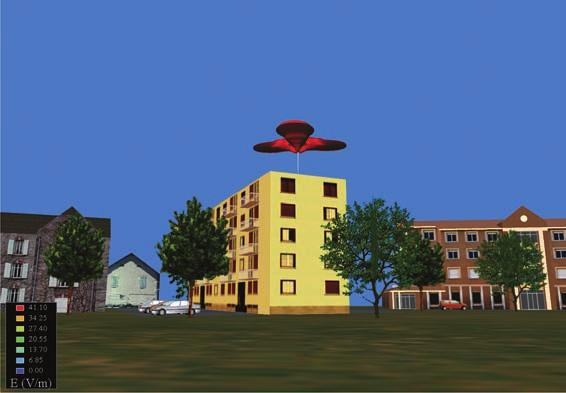 Slika 21: Vplivno območje bazne postaje z antenami nameščenimi na strehi stavbe. Prikazano je vplivno območje za II. območje varstva pred sevanji.