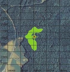Slika 31: Vplivno območje oddajnega centra skupne oddajne moči 46 kw na višini 48 m nad tlemi, kjer je vplivno območje za I. območje varstva pred sevanji največje in znaša 120 m.