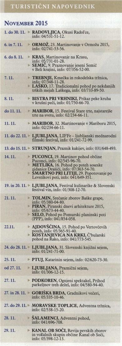 5.11.2015 Vzajemna Stran/Termin: 48 Turistični napovednik Rubrika/Oddaja: TURISTIČNI NAPOVEDNIK Žanr: NAPOVEDNIK Površina/Trajanje: 415,70 Naklada: 26.300,00 18. SLOVENSKI FESTIVAL VIN, 8.