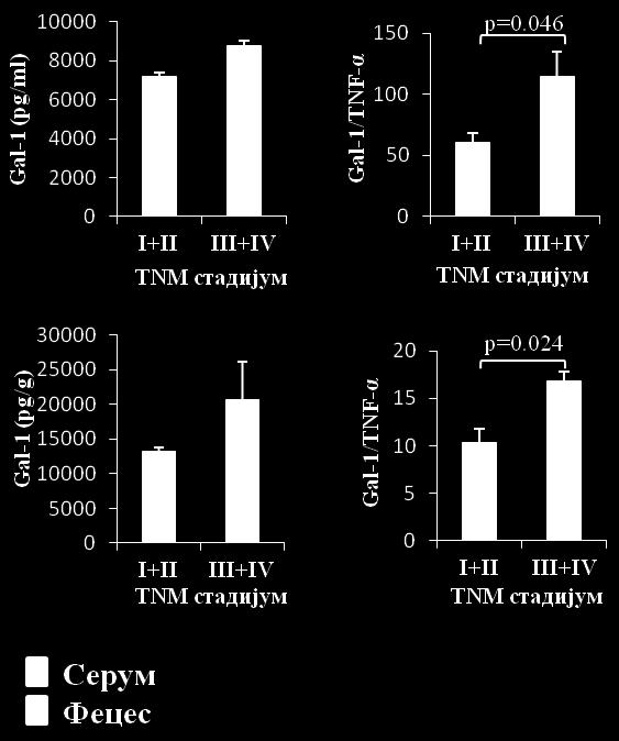 . Фигура 6. Повећана вредност Ga-l /TNF-α односа у серуму и фецесу пацијената са већом TNM стадијумом CRC-а.