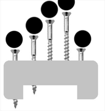4. The picture shows five screws in a block. Four screws are the same length. One screw is shorter. Which screw is the shortest?