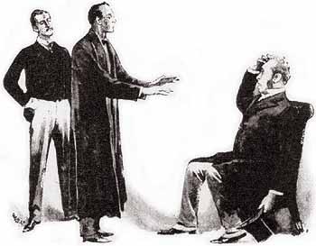 Arthur Conan Doyle χέρια του πάνω κάτω, ταλαντεύοντας το κεφάλι του, και με το πρόσωπο του να μορφάζει στις πλέον ιδιόρρυθμες συσπάσεις. «Τι στο καλό τρέχει μαζί του;» ρώτησα.