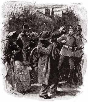 Arthur Conan Doyle διαγράφεται ενάντια στα φώτα της εισόδου, κοιτώντας πίσω στο δρόμο. «Είναι ο κακόμοιρος ο κύριος πολύ τραυματισμένος;» ρώτησε. «Είναι νεκρός,» φώναξαν αρκετές φωνές.