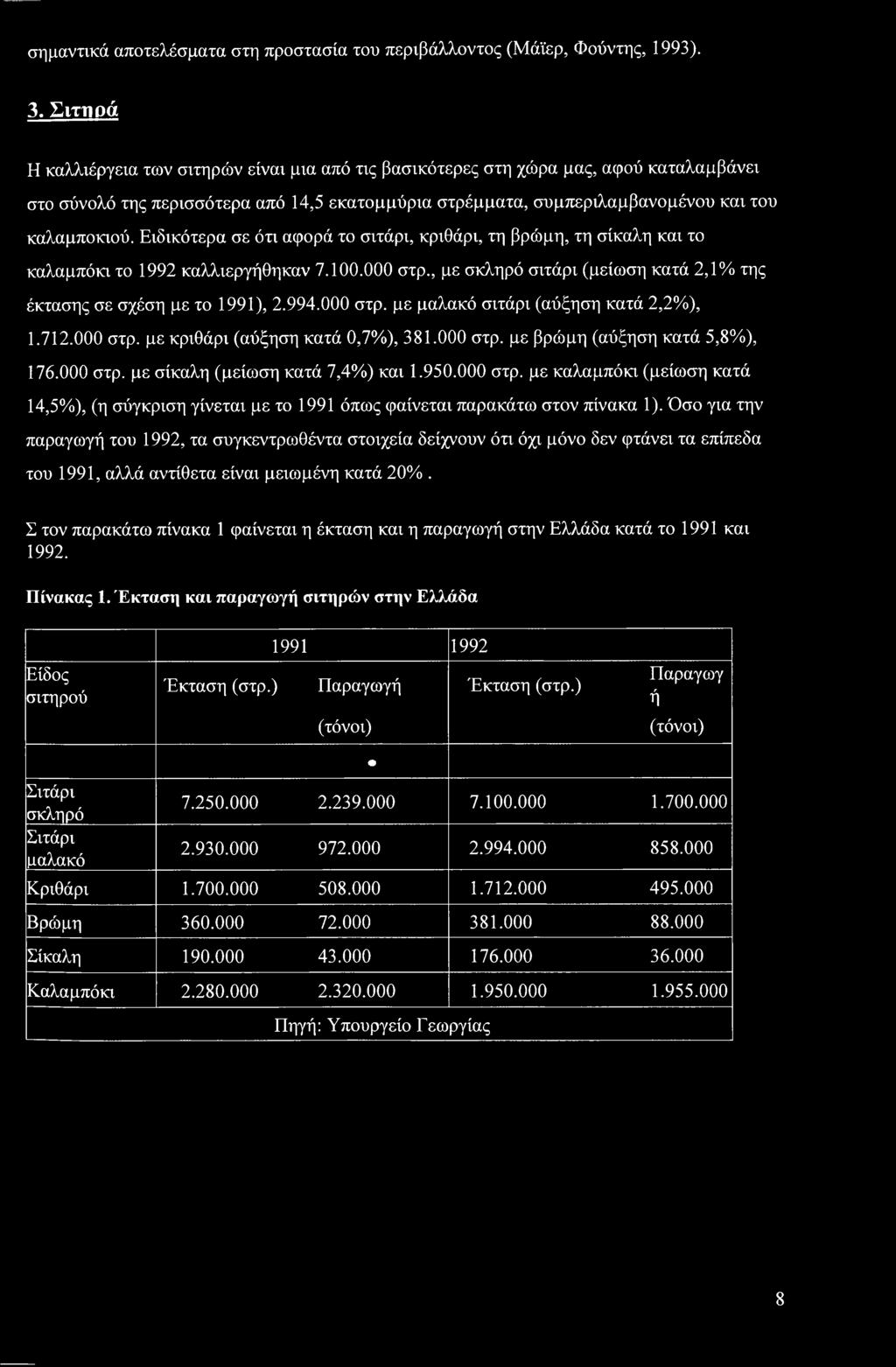 Ειδικότερα σε ότι αφορά το σιτάρι, κριθάρι, τη βρώμη, τη σίκαλη και το καλαμπόκι το 1992 καλλιεργήθηκαν 7.100.000 στρ., με σκληρό σιτάρι (μείωση κατά 2,1% της έκτασης σε σχέση με το 1991), 2.994.