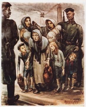 Νταβίντ Ολέρ: «Η άφιξη των Παριζιάνων στο Άουσβιτς Μπιρκενάου», 1952 Η οικογένεια πρόκειται να οδηγηθεί στους θαλάμους αερίων αμέσως μετά την άφιξή της, αφού δεν είναι κατάλληλοι για εργασία.