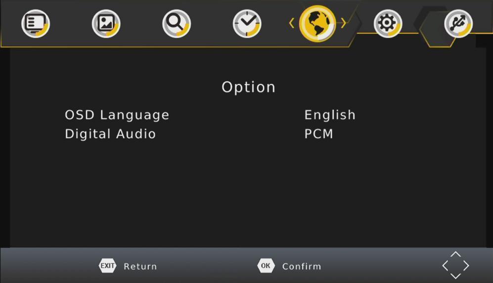(α) OSD Language (Γλώσσα ενδείξεων οθόνης) Επιλέξτε μια γλώσσα για τις ενδείξεις οθόνης. (β) Digital Audio (Ψηφιακός ήχος) Επιλέξτε ψηφιακό ήχο για την παρακολούθηση των τηλεοπτικών καναλιών.