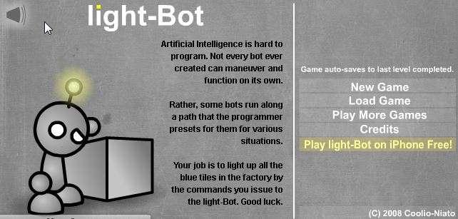 3.3 Το εκπαιδευτικό παιχνίδι «Lighbot 1.0» Το παιχνίδι LightBot 1.0 αποτελεί την αρχική έκδοση του παιχνιδιού LightBot. Το παιχνίδι διατίθεται ελεύθερα στο σύνδεσμο http://armorgames.