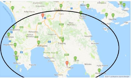 στοιχεία : Εικόνα 5. Βιολογικοί καθαρισμού νότιας Πελοποννήσου. Ο πλησιέστερος βιολογικός καθαρισμός είναι στη «Σκάλα».