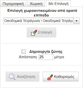 2) Για την αναζήτηση και με Χωρικά κριτήρια, πηγαίνουμε στο tab «Χωρική» και πατάμε μία από τις επιλογές «Σημείο», «Γραμμή», «Κύκλος», «Πολύγωνο» για να σχεδιάσουμε γραφικά στο χάρτη τη χωρική έκταση