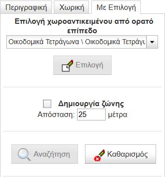 2) Για την αναζήτηση και με Χωρικά κριτήρια, πηγαίνουμε στο tab «Χωρική» και πατάμε μία από τις επιλογές «Σημείο», «Γραμμή», «Κύκλος», «Πολύγωνο» για να σχεδιάσουμε γραφικά στο χάρτη τη χωρική έκταση