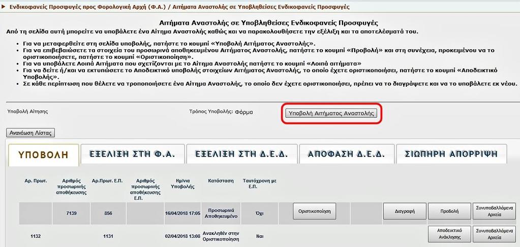 2. Αίτημα Αναστολής σε Υποβληθείσες Ενδικοφανείς Προσφυγές Στη σελίδα αυτή ο χρήστης μπορεί, επιλέγοντας την κατάλληλη καρτέλα: Εικόνα 27 να υποβάλει αυτοτελές Αίτημα Αναστολής να οριστικοποιήσει ή