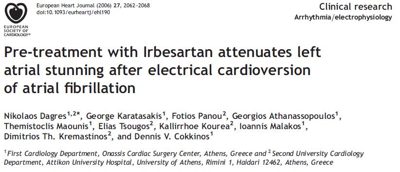 CONCLUSION: Irbesartan significantly attenuates LA stunning after electrical cardioversion of AF.
