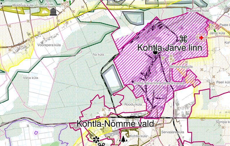 Joonis 2. Rohelise võrgustiku elemendid kavandatava karjääri piirkonnas. Väljavõte koostamise lõppjärgus oleva (järelevalvesse esitatud) Ida-Viru maakonnaplaneeringu ruumiliste väärtuste joonisest.