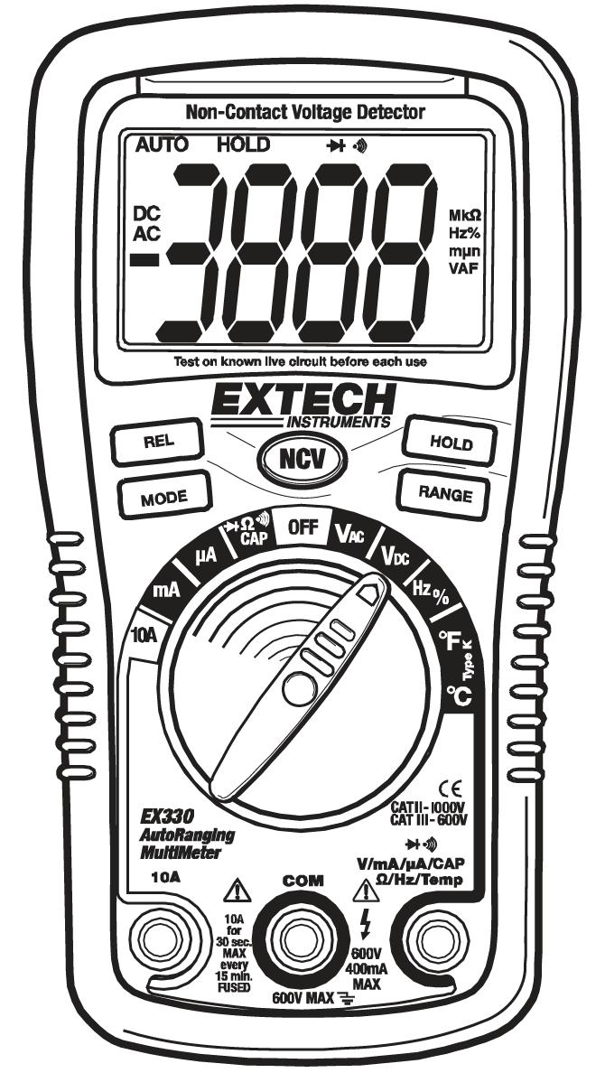 MANUAL DE UTILIZARE MULTIMETRU DIGITAL CU TESTER TENSIUNE NON CONTACT (NCV) Model: EX330 Cod produs: 122213 Introducere Vă felicităm pentru cumpărarea aparatului de măsură Extech EX330.