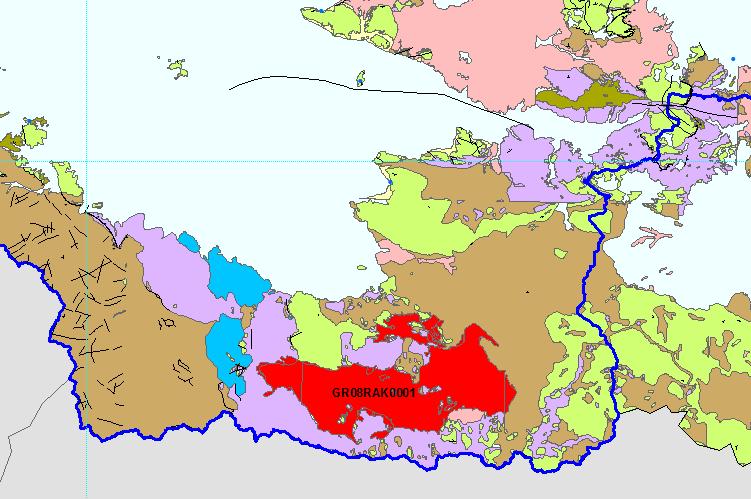 Σχ. 5-14: Απεικόνιση της Ζώνης Δυνητικά Υψηλού Κινδύνου Πλημμύρας (ΖΔΥΚΠ) GR08RΑK0001 της περιοχής «Χαμηλή Ζώνη Άνω Ρου π. Ενιπέα, Τάφρου Ξυνιάδας», επί του ψηφιοποιημένου υδρολιθολογικού χάρτη του Υ.