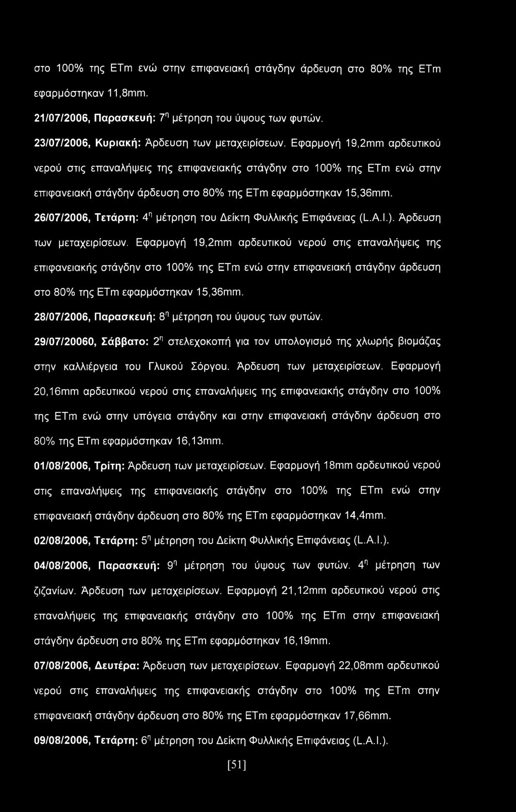 στο 100% της ETm ενώ στην επιφανειακή στάγδην άρδευση στο 80% της ETm εφαρμόστηκαν 11,8mm. 21/07/2006, Παρασκευή: 7η μέτρηση του ύψους των φυτών. 23/07/2006, Κυριακή: Άρδευση των μεταχειρίσεων.