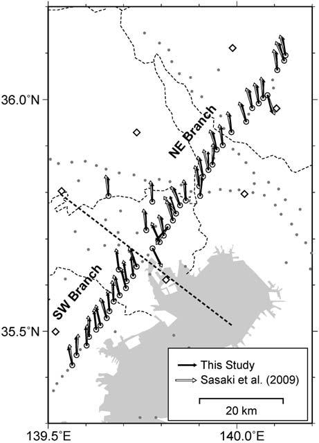 Fig. 0. Distribution of N-component sensor azimuthal di# erences estimated by this study and Sasaki et al. (,**3). P / s,**3.