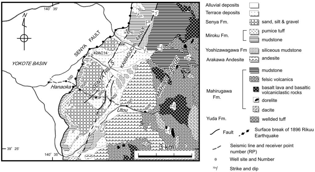 Fig.,. Geological map around the Senya hills showing the location of the Senya 30 seismic line. The geological map is after Usuta et al. (+310) modified by authors based on new geological survey.