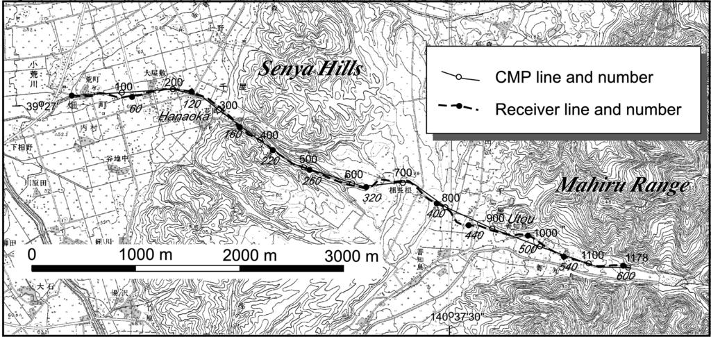 ¹S º» Fig. -. Detailed location of the Senya 30 seismic line. The base map is at a scale of + :,/,*** issued from the Geographical Survey Institute. phase correlation F GH IJK: SEGY 'L Table +.