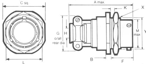 Single Hole Fixing Receptacles E 62G-E MIL--26482 MS31E Single hole mounting with grommet and grommet nut. Has panel 'O' ring seal ±0.005 (±0.13) sq. F ±0.005 (±0.13) G Dia Max min K L M N R -0.
