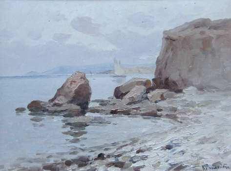 6. ΡΩΜΑΝΙΔΗΣ Κωνσταντίνος (1884-1972) Θαλασσογραφία με ιστιοφόρα Λάδι σε χαρτόνι 34 47 εκ υπγρμ κ.