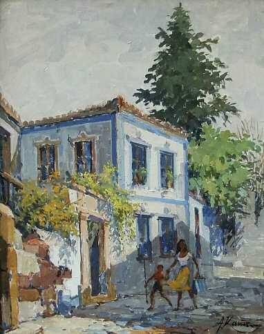 hardboard 50 40 cm 7 8. ΤΑΡΣΟΥΛΗ Αθηνά (1884-1975) Τοπίο με σπίτι Λάδι σε χαρτόνι 18 25.