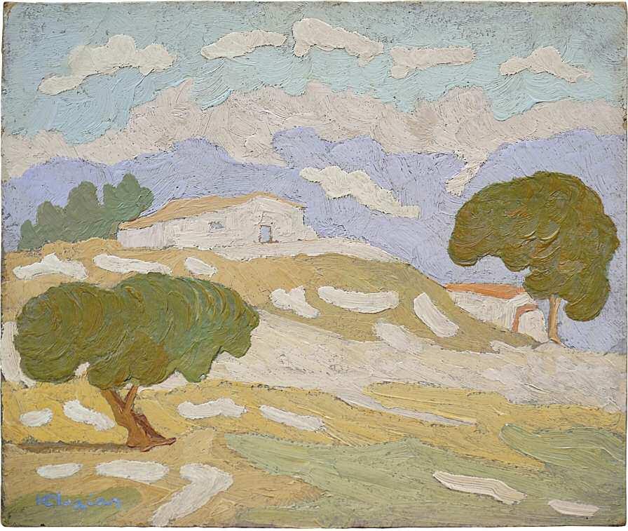 30. ΜΑΛΕΑΣ Κωνσταντίνος (1879-1928) Τοπίο με ξωκλήσι π1920 Λάδι σε χαρτόνι 21 25 εκ υπγρμ κ.