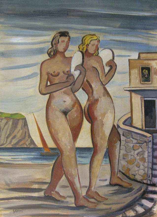 48. ΣΤΕΡΗΣ Γεράσιμος (1898-1987) Μούσες σε ονειρικό ακρογιάλι (π.δ 1930) Τέμπερα σε χαρτόνι 69 50 εκ υπγρμ κ.