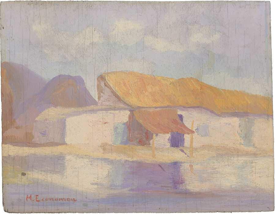 49. ΟΙΚΟΝΟΜΟΥ Μιχαήλ (1884-1933) Σπίτι με τέντα στην ακρογιαλιά Λάδι σε ξύλο 26 32.5 εκ υπγρμ. κ.α ECONOMOU Michael (1884-1933) Cottage with a tent at the seafront Signed oil on panel 26 32.5 cm 2.