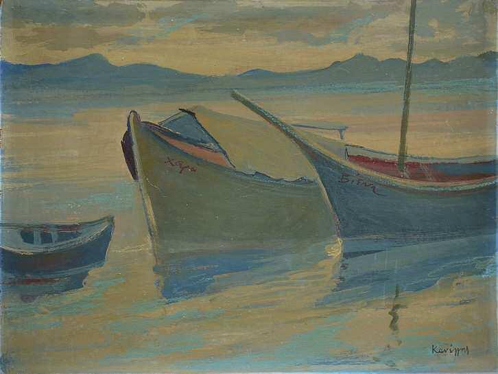 68 68. ΚΑΝΕΛΛΗΣ Ορέστης (1910-1979) Οι βάρκες Χαρά και Βιένη Λάδι σε χαρτόνι 55 72 εκ υπγρμ κ.