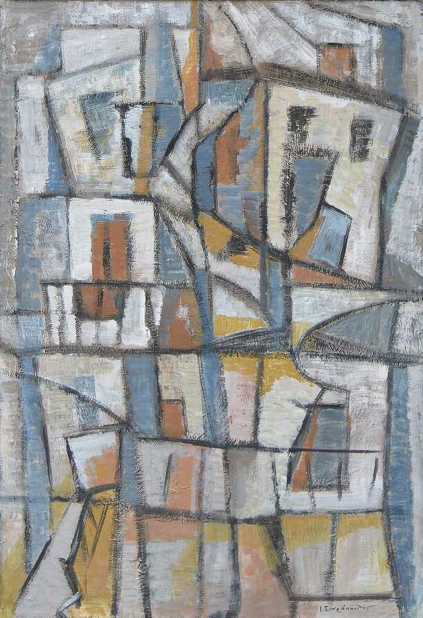 73. ΣΠΥΡΟΠΟΥΛΟΣ Γιάννης (1912-1990) Σύνθεση με σπίτια π.δ.1950 Λάδι σε χαρτί επικλμ σε σελοτεξ 96 67 εκ υπγρμ κ.