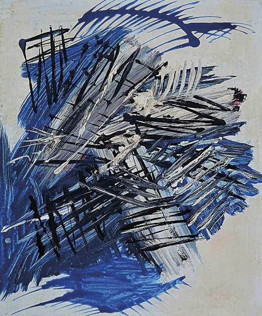 105. ΓΑΙΤΗΣ Γιάννης (1923-1984) Σύνθεση σε μπλέ και άσπρο π.1960 Λάδι σε σελοτεξ 60 50 εκ φέρ. υπογρφ. πίσω 2.000-2.