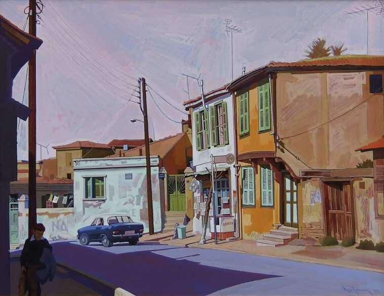 133 133. ΑΛΕΞΑΚΗΣ Ελευθέριος (1945) Ανω Πόλη 1975 Πολυμερικά χρώματα σε σελοτέξ 64 84 εκ υπγρμ κ.