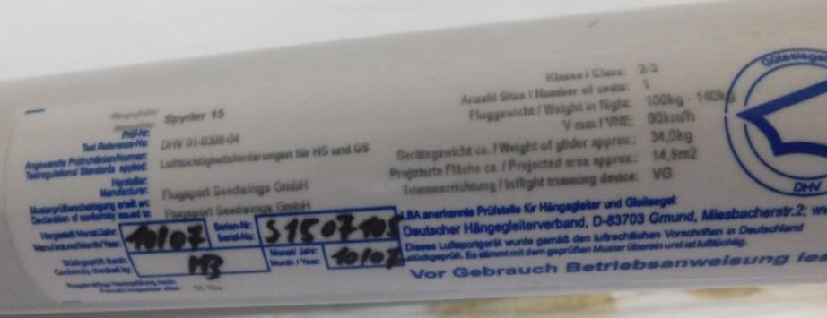 Ο σάκος εντός του οποίου εισέρχεται ο αεραθλητής μετά την απογείωση και στον οποίο παραμένει κατά την διάρκεια της πτήσης, είναι κατασκευής της εταιρείας SEEDWINGS EUROPE GmbH, μοντέλο XR-6.