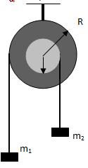 Να βρεθούν: α) Οι γωνιακές επιταχύνσεις των δύο τροχαλιών, β) η τάση του νήματος και γ) η ταχύτητα της μικρής τροχαλίας την χρονική στιγμή t =s.