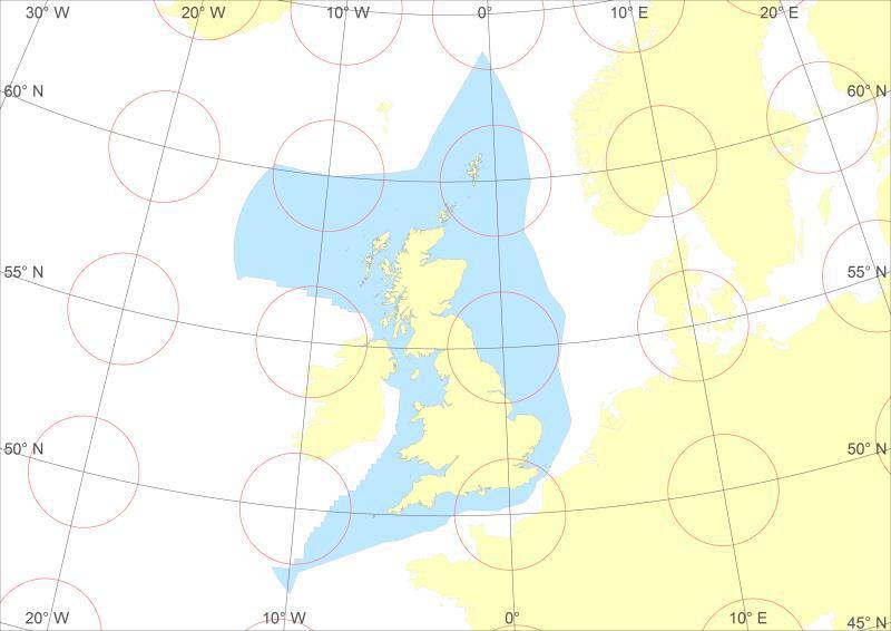 μερκατορική απεικόνιση (British Grid) κλίμακας 1:2.500.000 με κέντρο απεικόνισης (2ºΑ, 56ºΒ).