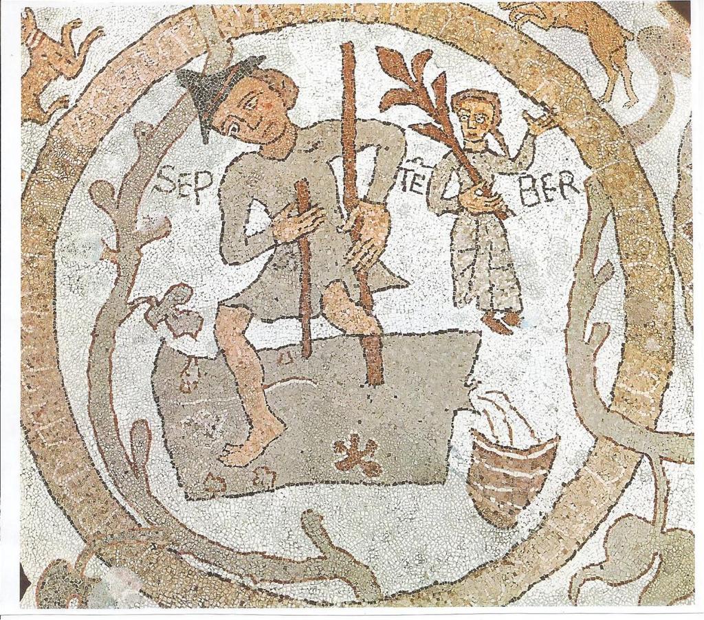 Pasquale Natella Fig. 6 Otranto. Mosaico pavimentale (1166). Vendemmia settembrina (SEPTEMBER). Da Willemsen. rotella, provenuto da una mietitura (Fig.