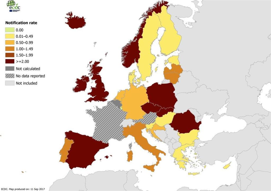 Περιστατικά Παρωτίτιδας στην Ευρώπη 2015 (ECDC) Ν=13 519 (41% εργ. Επιβεβαιωμένα) Χώρα Επίπτωση (/100.