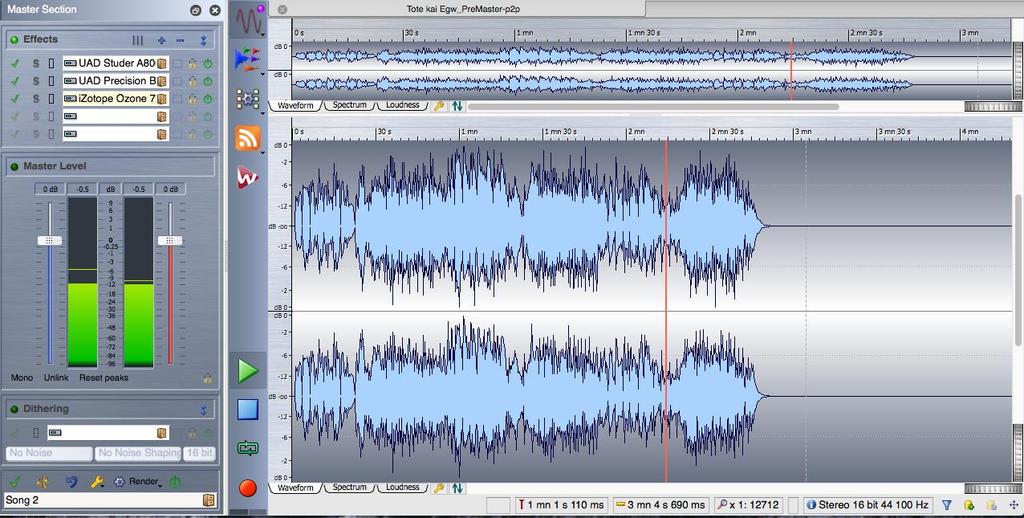 4.3 Mastering Process Το επόμενο βήμα ήταν τα εισάγουμε τα αρχεία που εξάγαγε από το Saracon στο Wavelab 7 όπου έγινε και η διαδικασία του mastering.