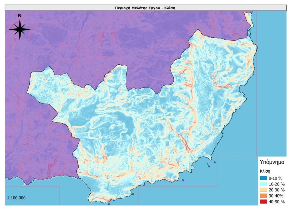 Το μεγαλύτερο μέρος της περιοχής μελέτης χαρακτηρίζεται από οριζόντια (0-10%) ή ήπια (11-20%) κλίση (Χάρτης 5). Χάρτης 5 Κλίσεις Περιοχής 1.1.3 Κλίμα Το κλίμα της περιοχής μελέτης χαρακτηρίζεται από μέτριες βροχοπτώσεις, ήπιους χειμώνες και ξηρά καλοκαίρια.