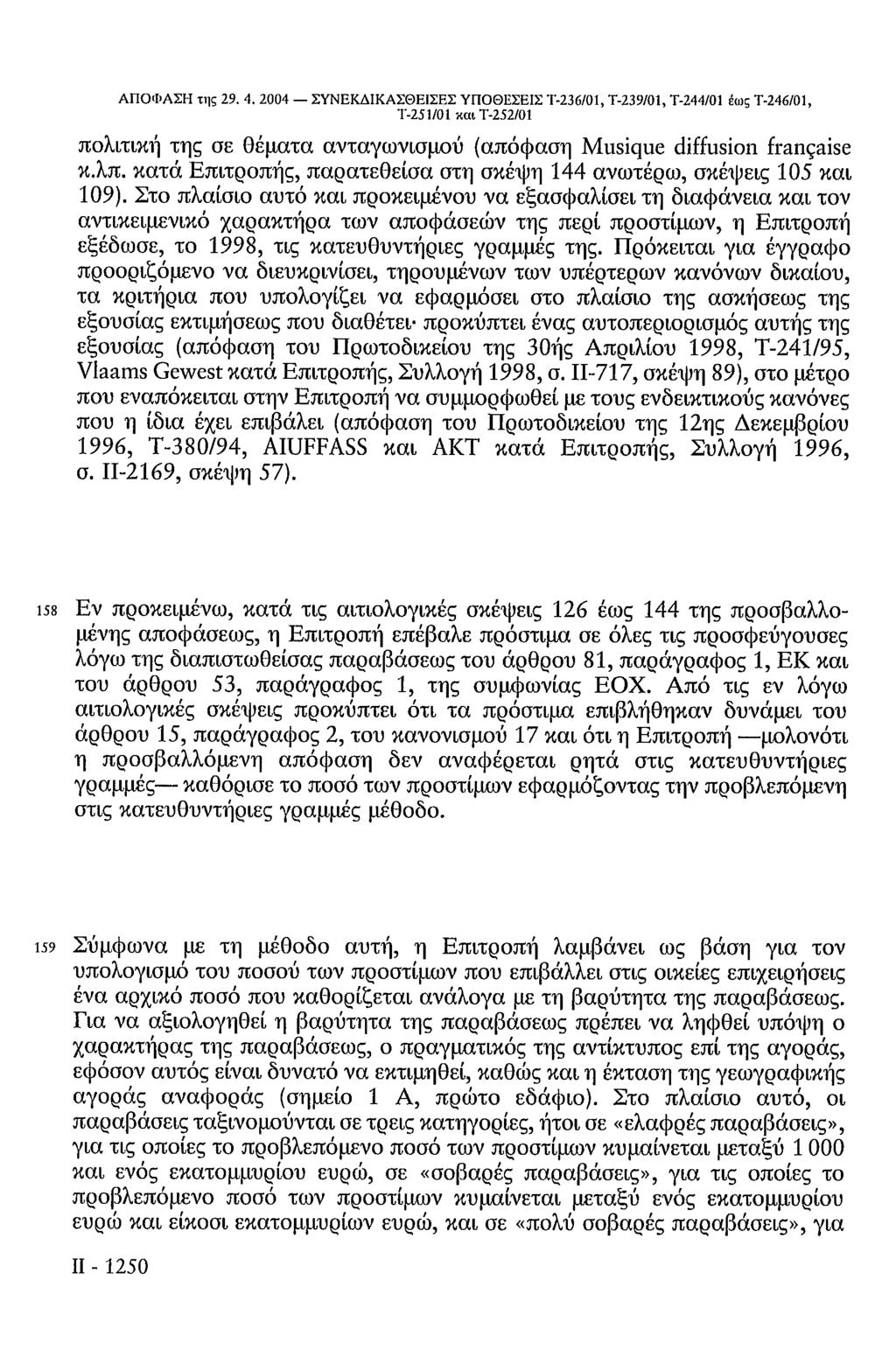 ΑΠΟΦΑΣΗ της 29. 4. 2004 ΣΥΝΕΚΔΙΚΑΣΘΕΙΣΕΣ ΥΠΟΘΕΣΕΙΣ Τ-236/01, Τ-239/01, Τ-244/01 έως Τ-246/01, Τ-251/01 και Τ-252/01 πολιτική της σε θέματα ανταγωνισμού (απόφαση Musique diffusion française κ.λπ.