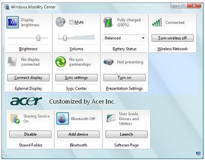 14 Windows mobilumo centras Windows mobilumo centre yra vienoje lengvai pasiekiamoje vietoje surinkti pagrindiniai sistemos nustatymai, susiję su mobiliu darbu tai leidžia greitai keisti Acer