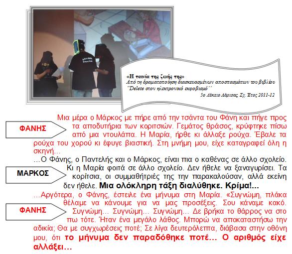 θύματος, θύτη, συμμαθητών-παρατηρητών, γονιών του θύματος, του θύτη, εκπαιδευτικών, κλπ.-όποιον από τους ρόλους κρίνει ότι μπορεί να μελετηθούν(δεν είναι ανάγκη να χρησιμοποιηθούν όλοι).