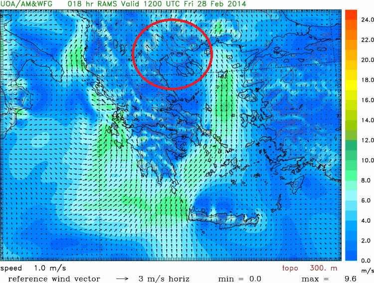 νότιος, νοτιοανατολικός (SSE) (Σχήμα 5.4), σχεδόν μέτριος, εντάσεως 2-8m/s και η σχετική υγρασία κυμαίνεται μεταξύ 68-91%. Σχήμα 5.4. Απεικόνιση ανέμου με εστίαση στη Θεσσαλονίκη για τις 28/02/2014.