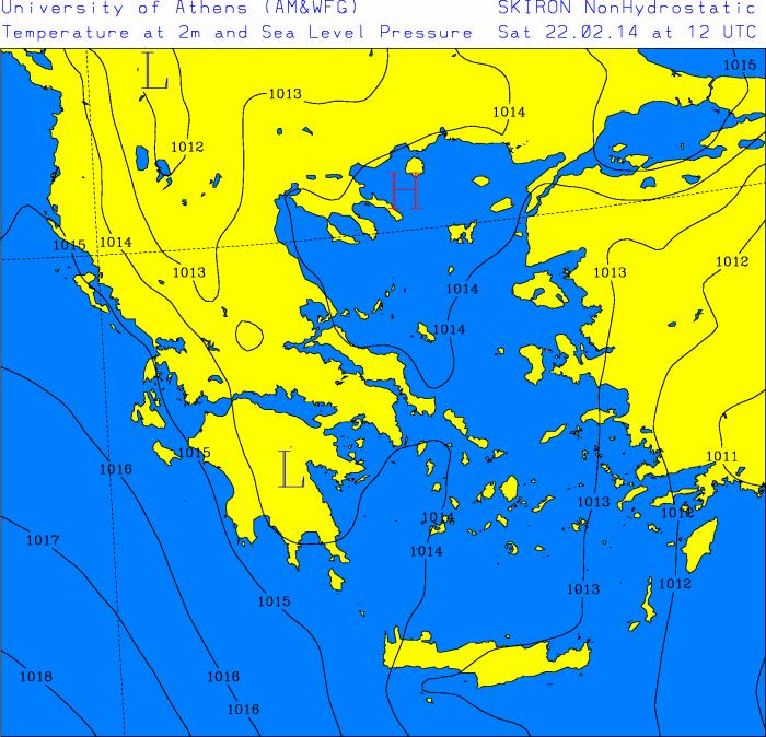 Σχήμα 5.9. Χάρτης επιφανείας, με απεικόνιση του υψηλού βαρομετρικού που επηρεάζει τη Θεσσαλονίκη στις 22/02/2014.