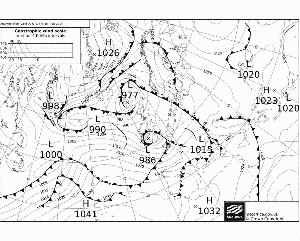 Σχήμα 5.11. Χάρτης επιφανείας, με απεικόνιση του χαμηλού βαρομετρικού που επηρεάζει τη Θεσσαλονίκη στις 27/02/2014. Σχήμα 5.12.