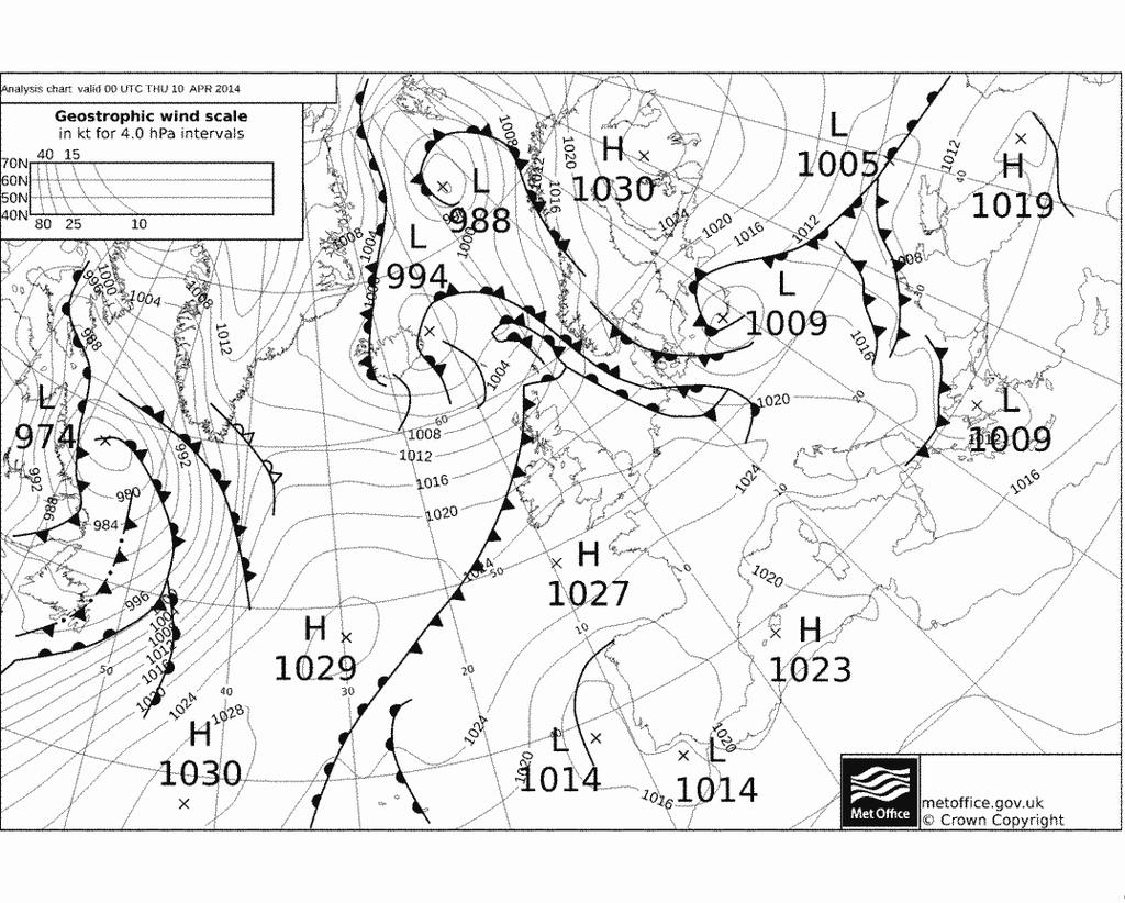 Σχήμα 5.27. Χάρτης επιφανείας από το site www.wetterzentrale.de όπου απεικονίζεται το επικρατών ψυχρό μέτωπο πάνω από την Ελλάδα στις 10/04/2014.