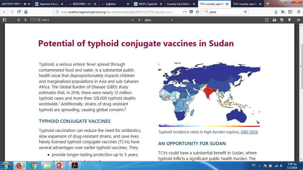 Εμβόλιο Τυφοειδούς Πυρετούς Αίτιο : Salmonella typhi Τροφιμογενής μετάδοση 2 είδη εμβολίων: Ζων εξασθενημένο (κάψουλα, >6 ετών) Κεκαθαρμένο πολυσακχαριδικό αντιγόνο