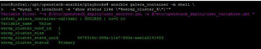 -a "mysql -h localhost -e 'show status like \"%wsrep_cluster_%\";'" Το αποτέλεσμα της εκτέλεσης, φαίνεται παρακάτω: Εικόνα 20: Επιβεβαίωση λειτουργίας της Galera database Η δήλωση wsrep_cluster_size